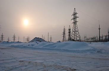 Image showing Power High-Voltage Transmission Towers in Winter