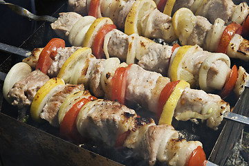 Image showing Raw shashlik on a skewer