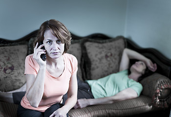 Image showing Concerned woman with sick mother