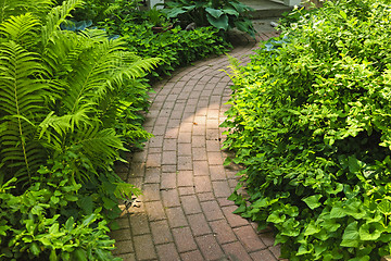 Image showing Brick path in landscaped garden