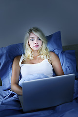 Image showing Frightened woman with computer at night