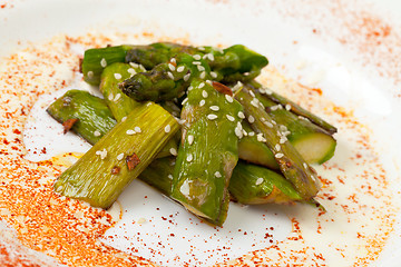 Image showing Fried Asparagus on white plate