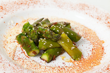 Image showing Fried Asparagus on white plate