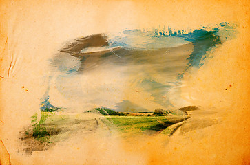 Image showing Landscape splashed on old grunge paper