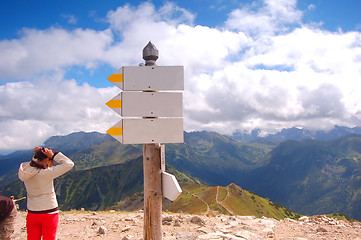 Image showing Mountains landscape and signpost