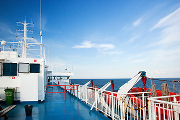 Image showing Ship deck view, ocean in a sunny day