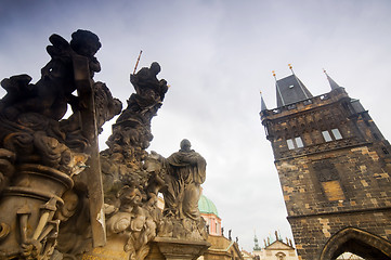 Image showing Statues on Charles Bridge and Bridge Tower. Prague