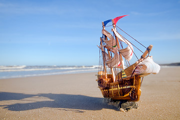 Image showing Ship model on summer sunny beach