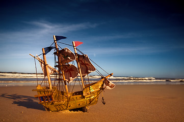 Image showing Ship model on summer sunny beach