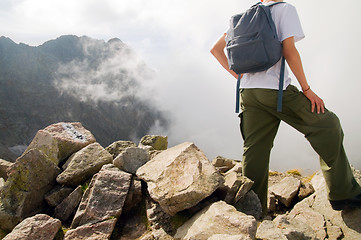 Image showing Active tourist in mountains