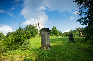 Image showing Ruins of old castle and cemetary.