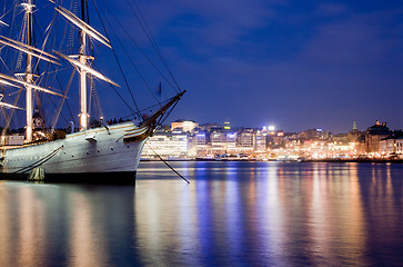 Image showing Ship at night in Stockholm, Sweden