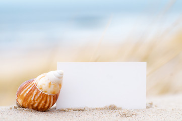 Image showing Shell and a blank card on the beach