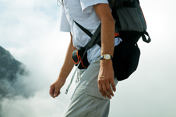 Image showing Active tourist in mountains