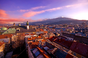 Image showing Alpine town in sunset