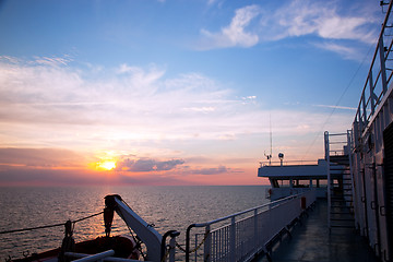 Image showing Ship deck view, ocean at sunset