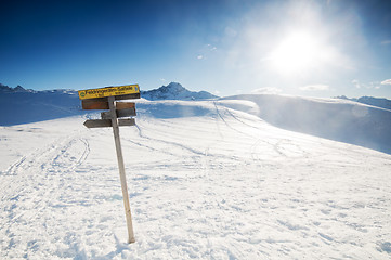 Image showing The signpost in the winter mountains