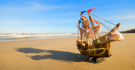 Image showing Ship model on summer sunny beach