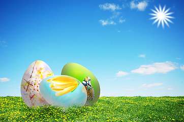 Image showing Colorful easter eggs in nature