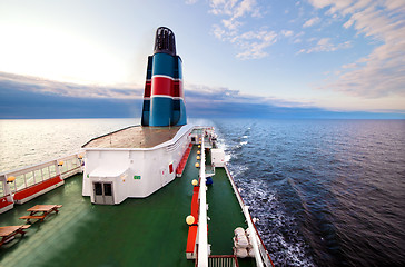 Image showing Ship deck, board view, ocean at sunset