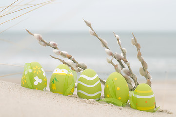 Image showing Easter decorated eggs on sand