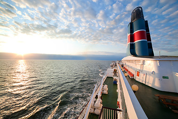 Image showing Ship deck, board view, ocean at sunset