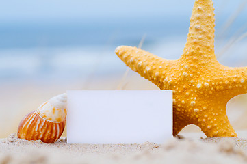 Image showing Shells and a blank card on the beach
