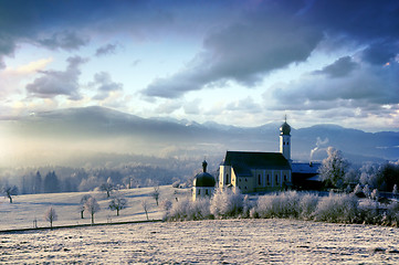 Image showing Alpine scenery with church in the frosty morning