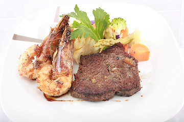 Image showing Steak with Jumbo Shrimp. 