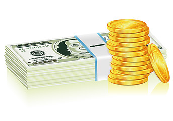 Image showing Stack of Dollar and Gold Coins