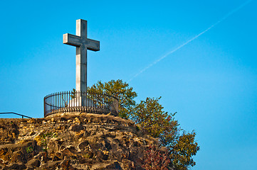 Image showing Stone cross at the top of a mountain