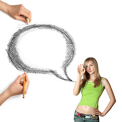 Image showing human hands with speech bubble and woman