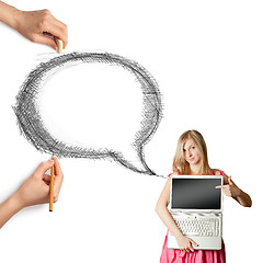 Image showing human hands with speech bubble and woman