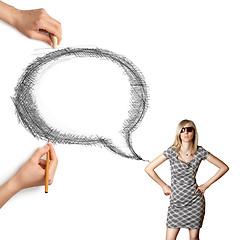 Image showing human hands with speech bubble and woman