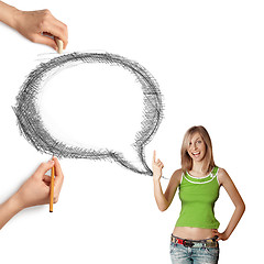 Image showing human hands with speech bubble and woman