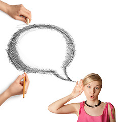 Image showing human hands with speech bubble and woman