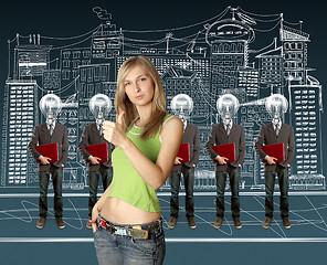 Image showing woman and lamp head businesspeople with laptop