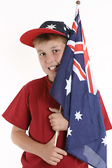 Image showing True Blue - Patriotic boy holding australian flag