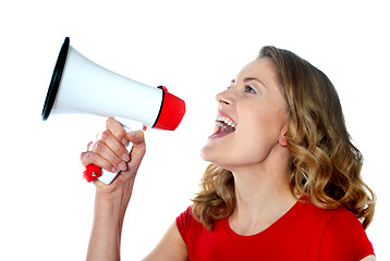 Image showing Female spokesperson holding megaphone