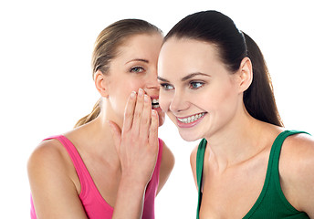 Image showing Young beautiful girl whispering secret in her friends ear