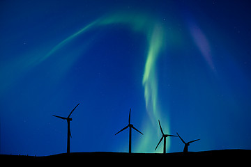 Image showing Wind Farm And Northern Lights