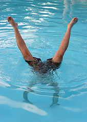 Image showing Man does a handstand in a swimming pool