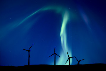 Image showing Wind Farm And Northern Lights