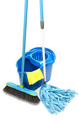 Image showing bucket with mop,  brush and gloves