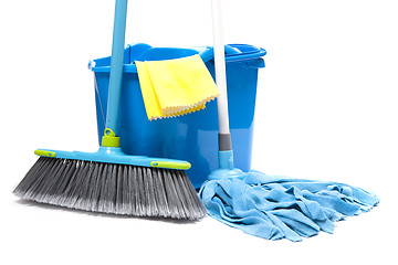 Image showing bucket with mop,  brush and gloves