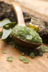 Image showing Aloe vera with bath salt and massage oil