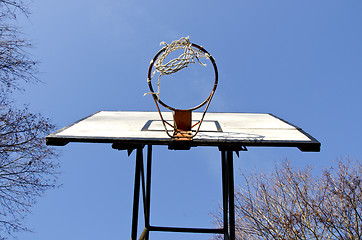 Image showing Basketball board with old tattered net on hoop 