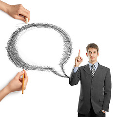 Image showing human hands with speech bubble and man