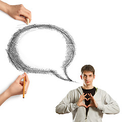 Image showing human hands with speech bubble and man