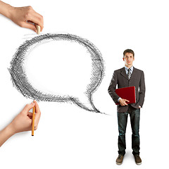 Image showing human hands with speech bubble and man